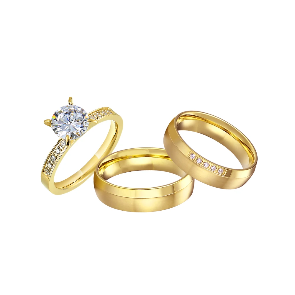 

High Quality 3pcs Wedding Engagement Rings Sets For Men and Women 24k Gold Plated Jewery cz Diamond Couples Ring
