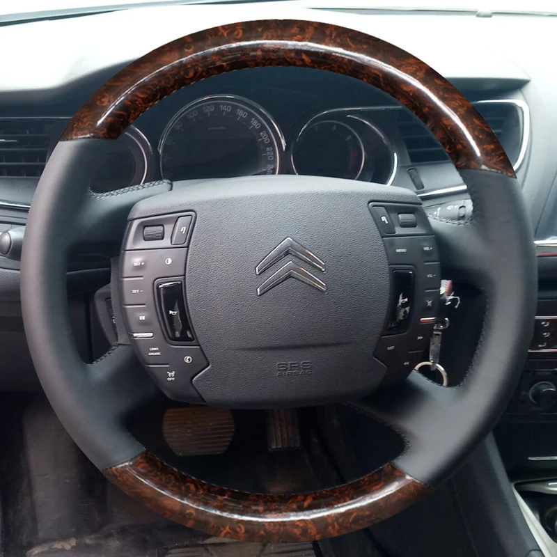 

Hand-stitched high-quality peach wood grain Black genuine Leather Car Steering Wheel Cover For Citroen C5 2008-2017