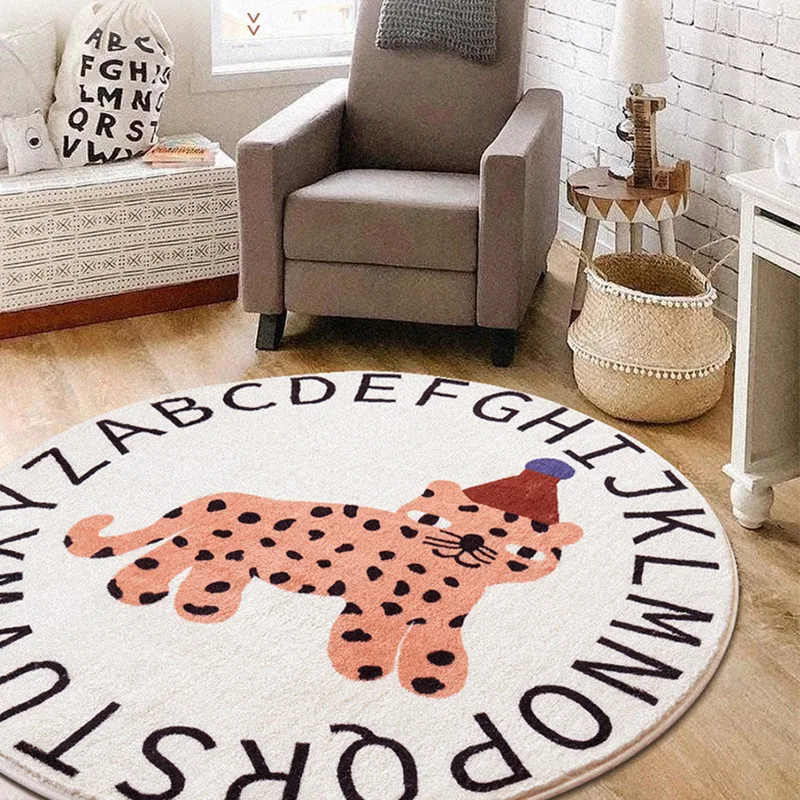 

Leopard Kids Cartoon Rug For Bedroom Fluffy Soft Non-slip Bedside Area Rugs Animal Prints Round Carpet Comfortable Floor Mats