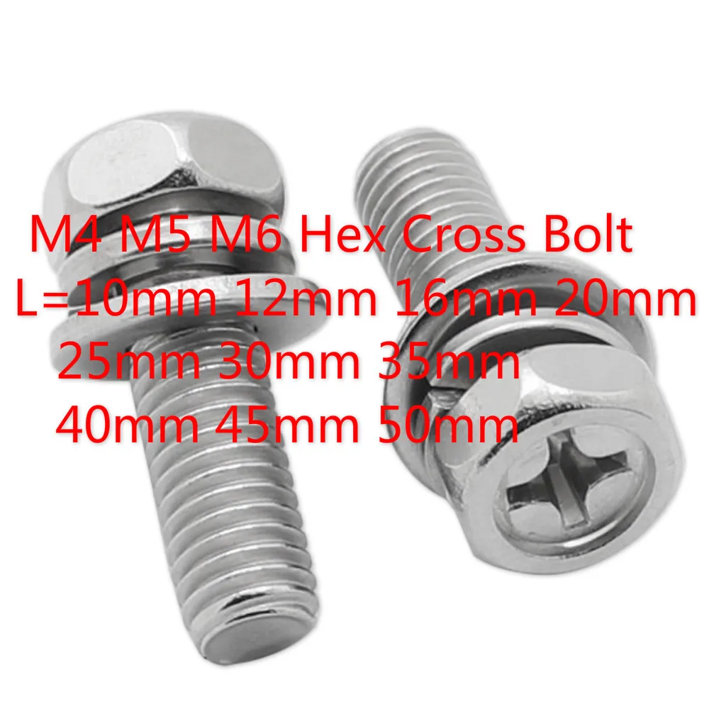 

40pcs M4 M5 M6 Hex Cross Bolt Phillips Head Phillips Hexagon Screws Flat Spring Washers 304 Stainless Steel L=10-50mm 16mm 30mm