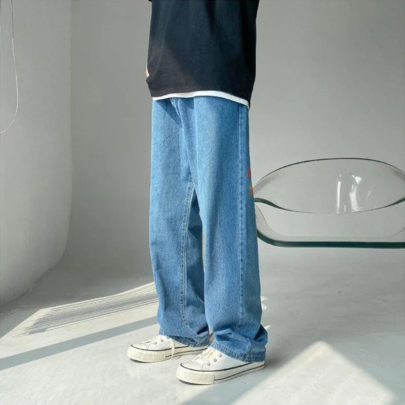 Printed Men's Jeans Fashion Straight Baggy Wide Pants Casual Blue Denim Trousers Streetwear Oversizde Male Bottoms Y2K Clothes