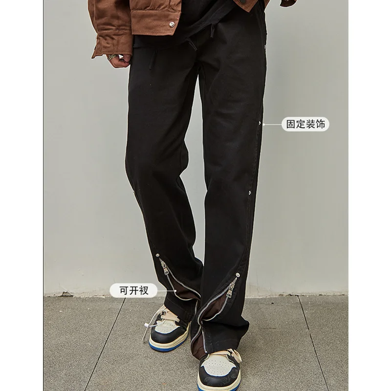 Streetwear Men Side Buttoned Zippered Tooling Black Jeans New Style Trend Loose Temperament Versatile Casual Pants Autumn Female