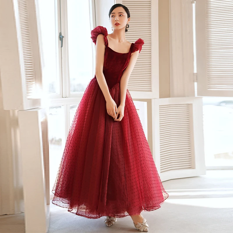 

Женское вечернее платье до пола, бордовое велюровое Тюлевое платье с круглым вырезом, без рукавов, со шнуровкой, модель A990