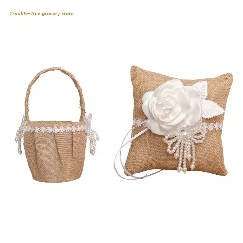 

Rustic Wedding Flower Girl Basket Ring Bearer Pillow Pearl Bows Faux Flowers