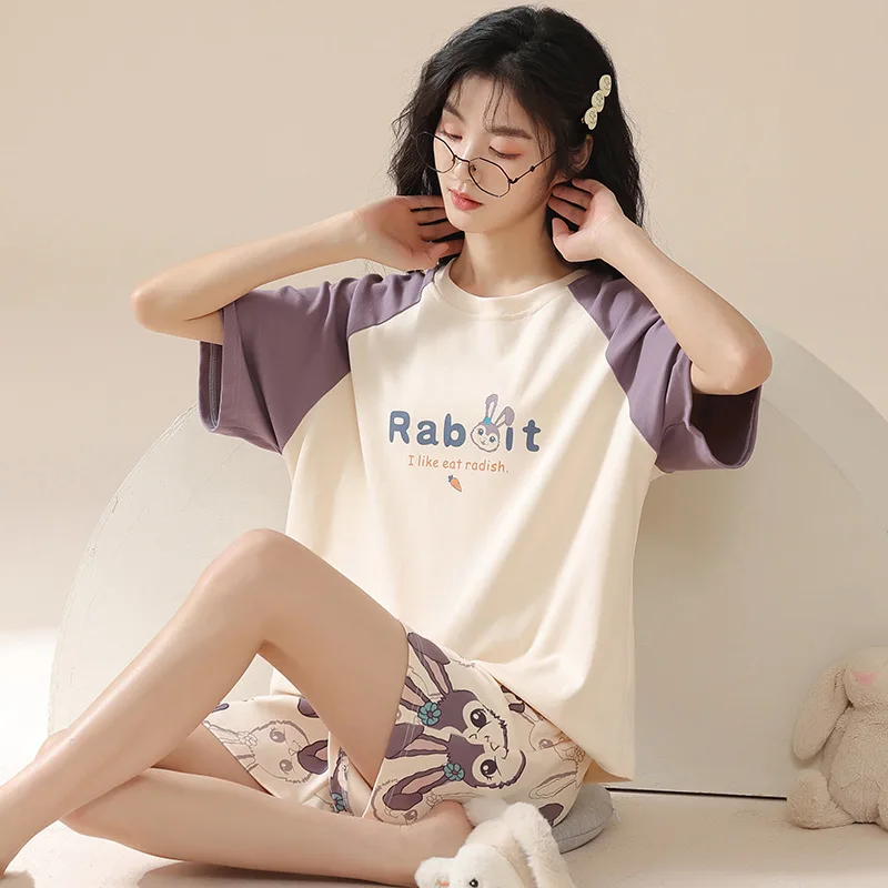 Cotton Pajamas Forwomen's Summer Thin Short-sleeved Shorts Sweet Cartoon Home Service Suit Breathable and Comfortable Loungewear