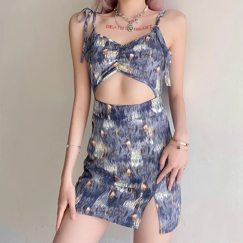 

AIIOU Summer Sexy Hollow Out Tie-Dyed Traf Mini Dres Split Women's Sleeveless Lady Street Fashion Sexy Party Slim Strap Dresses