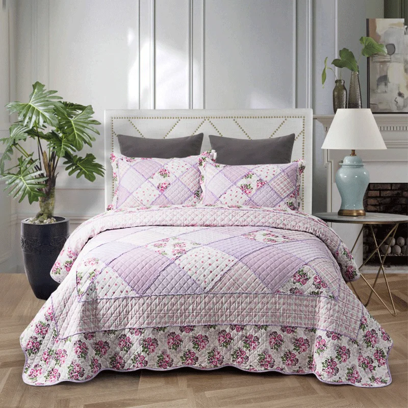 

DAYDAY Single Double Bed 100%Cotton Purple 3pcs Printed Quilted Quilt Pillowcase