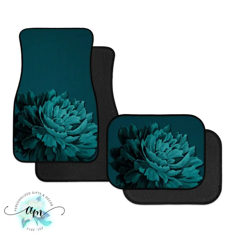Personalized Teal Floral Car Mats, Auto Floor Mats