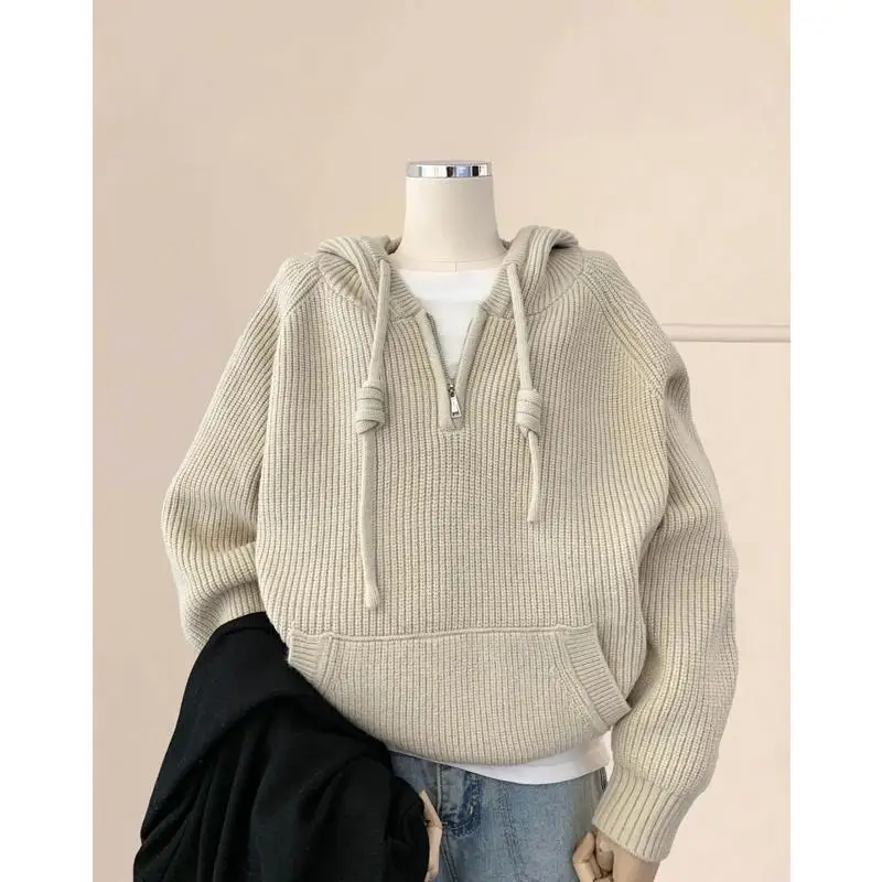 Зимняя одежда свитер с капюшоном на полумолнии женский длинным рукавом