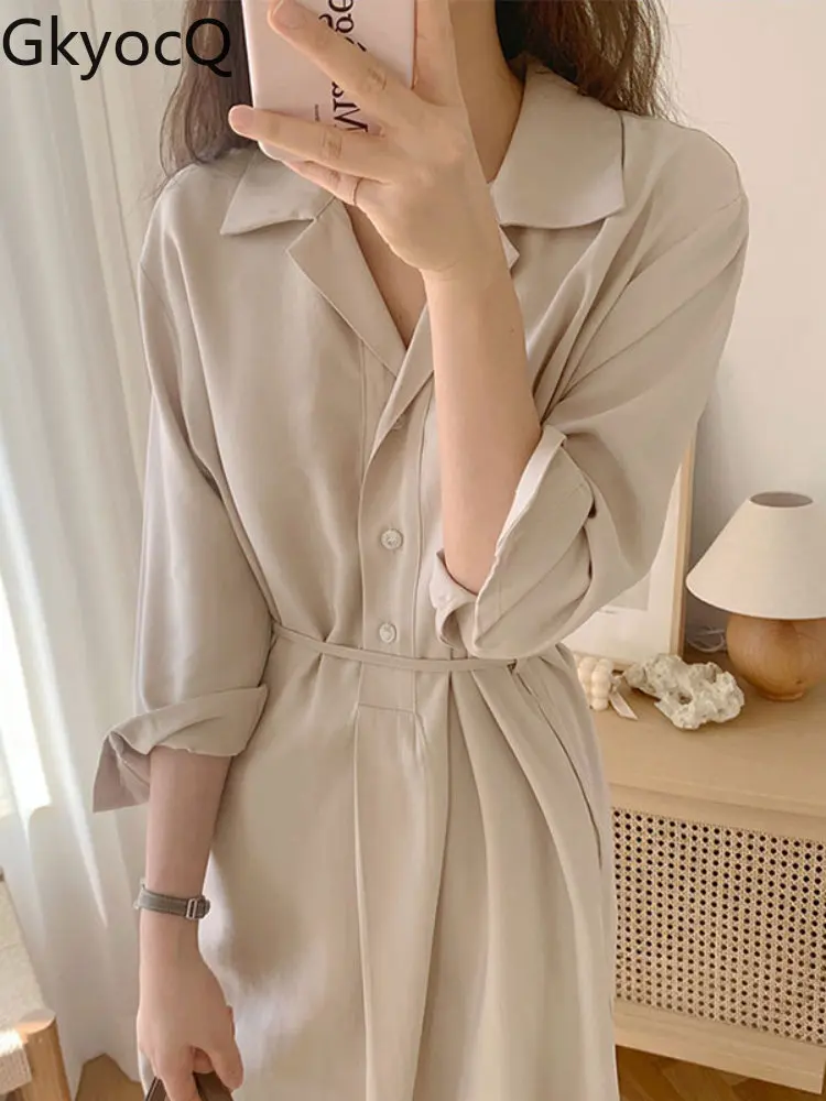 

French Autumn Simple Lapel Three Button Lace Up High Waist Slim Split Solid Shirt Dress For Women Loose Casual Outwear Female