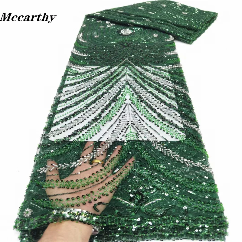

Mccarthy Nigerian French Lace Fabric 2022 High Quality Sequin Embroidered Luxurious Green Beaded Lace Fabric 5 Yards Wedding