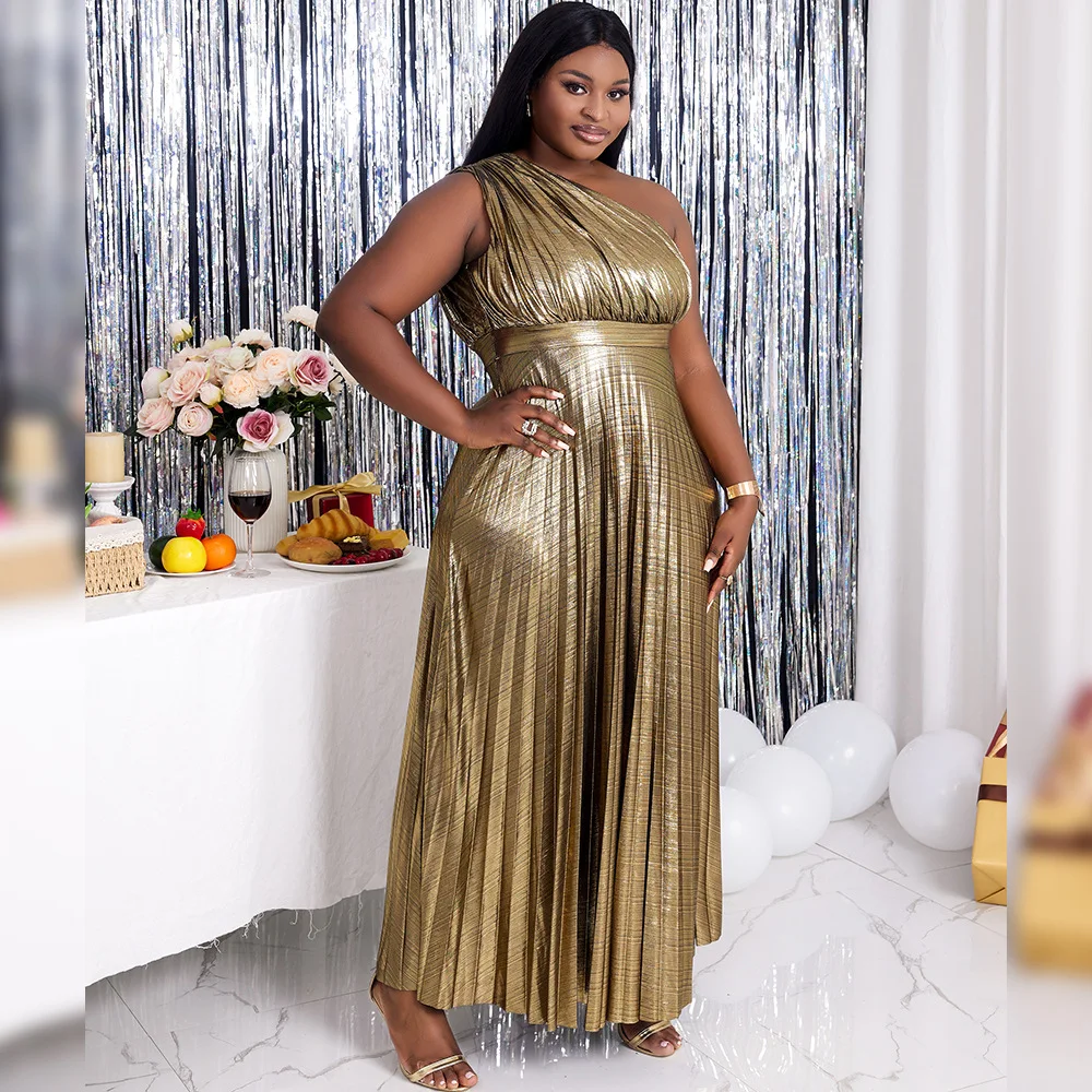 Plus Size Evening Dress Ruched Sleeveless One Shoulder Clothing Luxury Long Robe 2023 Summer Women Trendy Elegant Party Dress