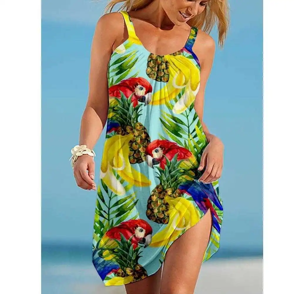 

Womens Summer Sleeveless Printed Dress Loose Beach With Suspenders