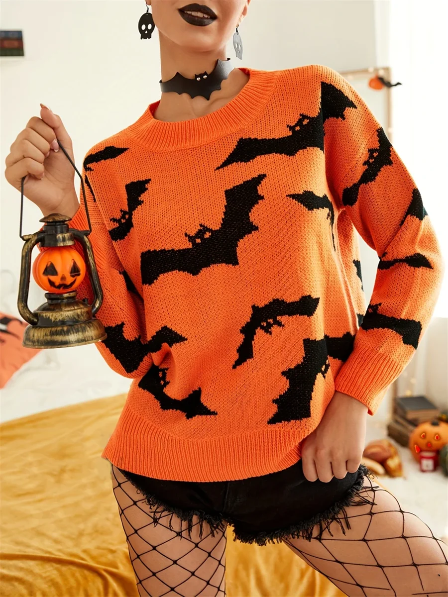 Women Halloween Sweater Long Sleeve Crew Neck Bats Pullover Warm for Fall Winter