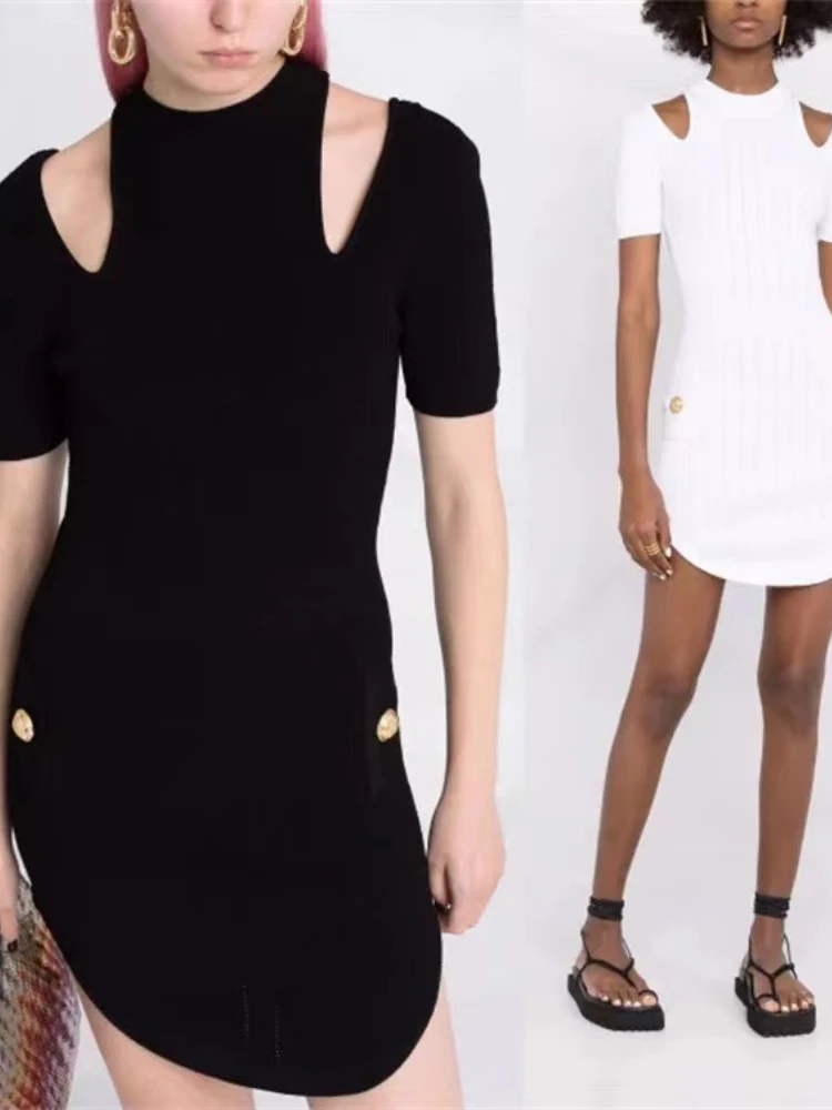

2022 Summer Women Cut out Crew-neck Ribbed MIni Dress High Street Fashion
