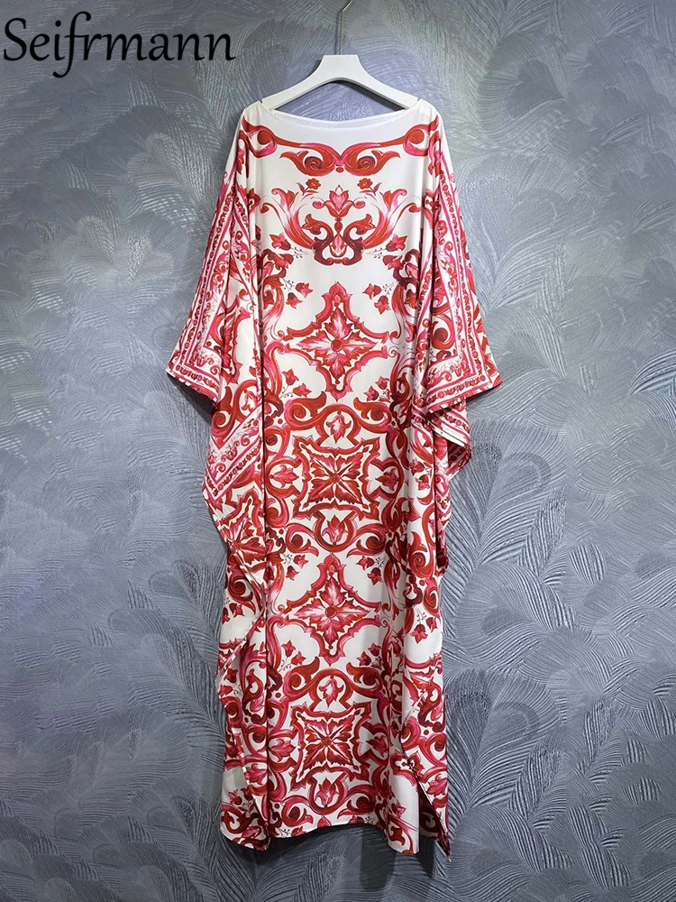 

Seifrmann High Quality Summer Women Fashion Designer Loose Dress Batwing Long Sleeve Red And White Porcelain Printing Dresses