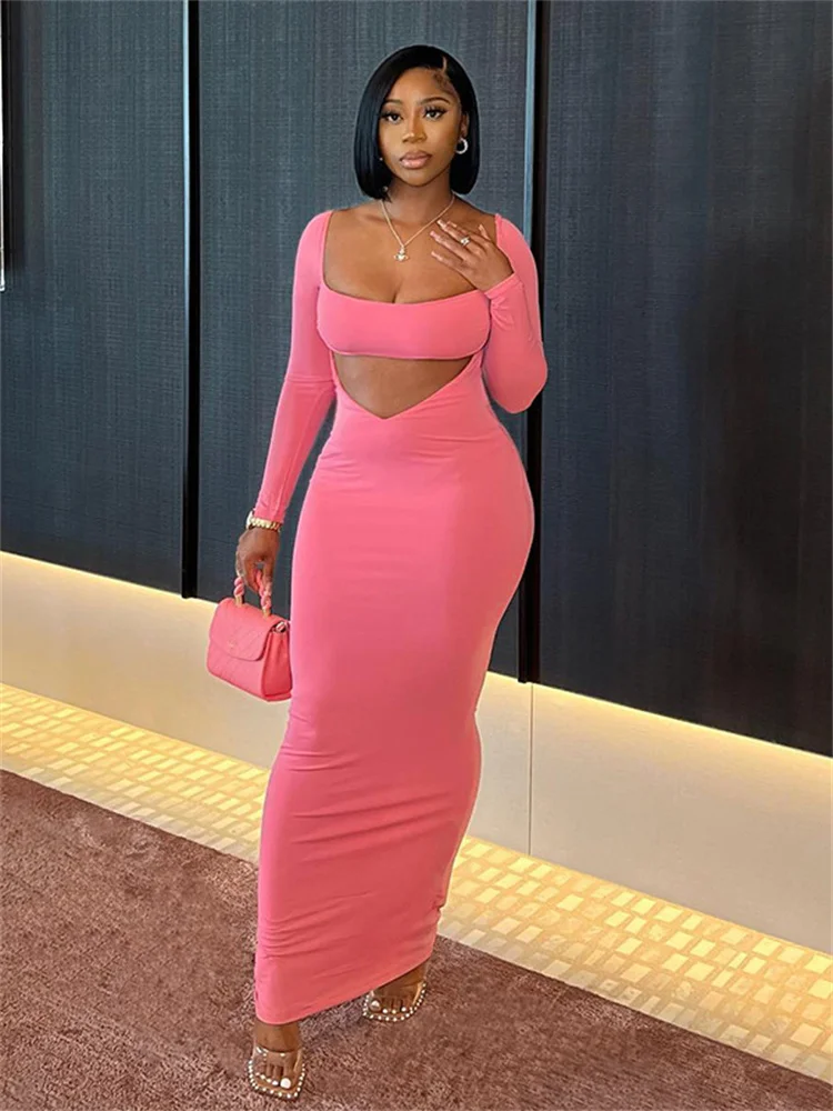 

CHRONSTYLE Women Hollow Out Bodycon Long Dress Solid Long Sleeve Square Neck Dress Cocktail Party Spring Autumn Female Vestidos