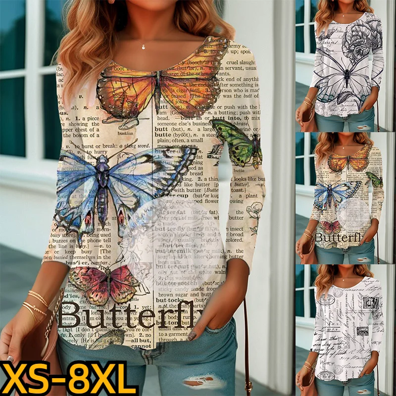 

2023 Autumn T-shirt Women Long Sleeve Winter Fashion Loose Pullover Daily Street New Design Printing Clothes Crew Neck Top