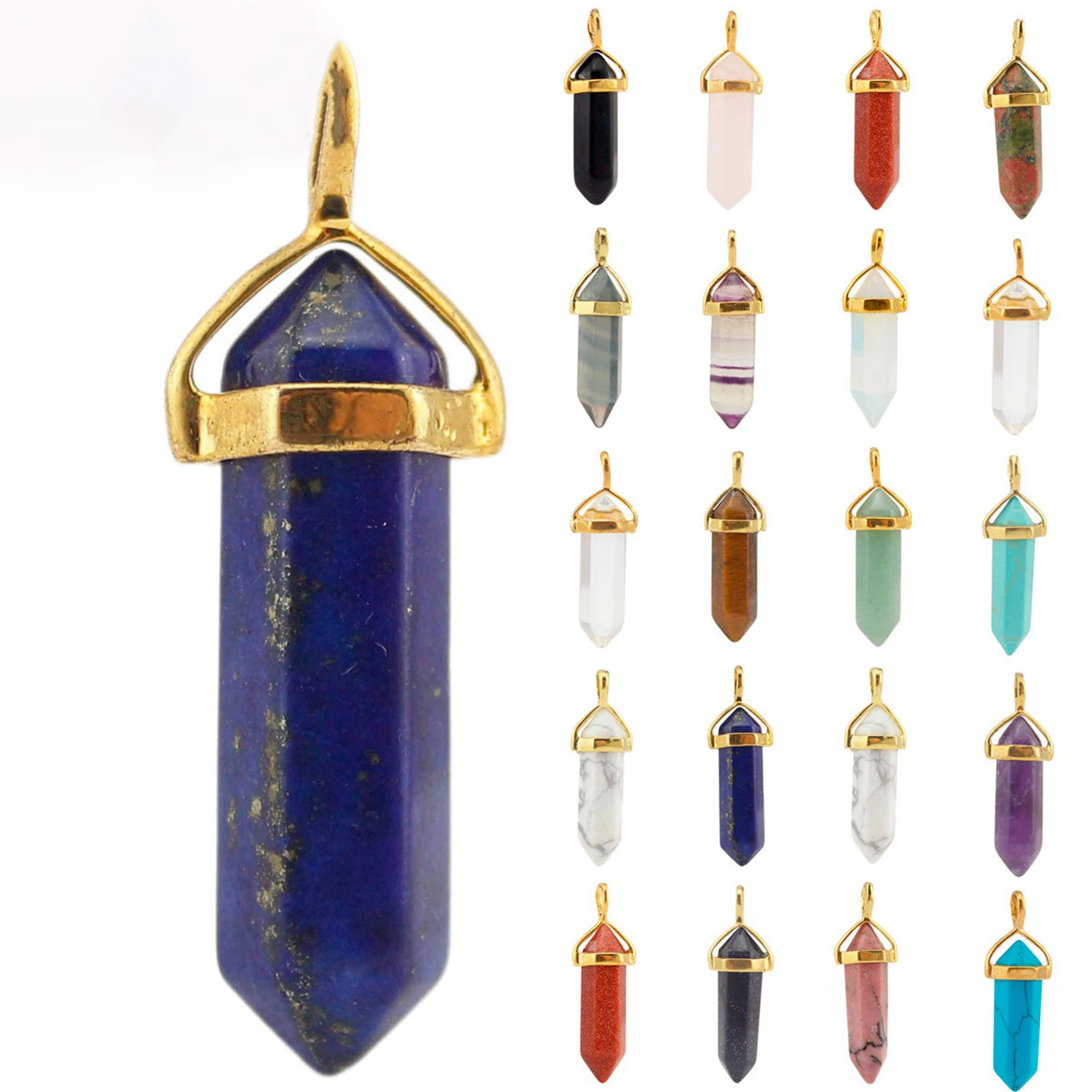 

Natural Gem Stone Hexagonal Prism Pendant Healing Crystal Point Necklace Reiki Chakra Column Pendulum Charms for Jewelry Making
