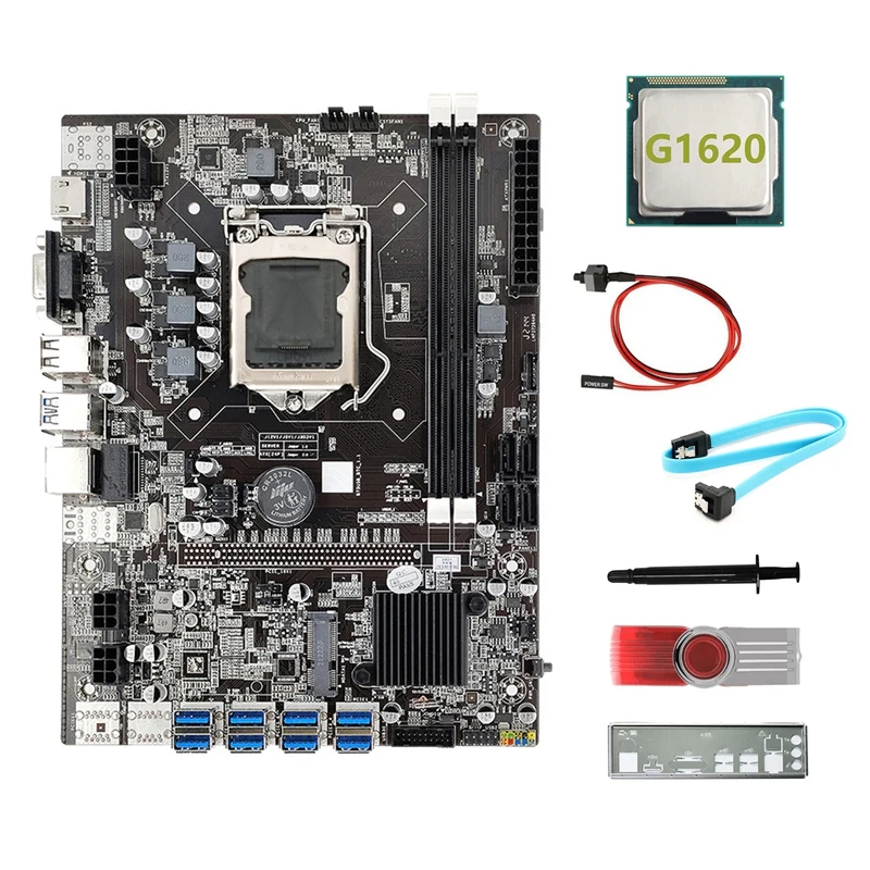 

B75 8USB BTC Mining Motherboard+G1620 CPU+64G USB Driver+SATA Cable+Switch Cable+Thermal Grease+Baffle For ETH Miner