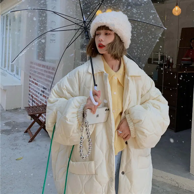 Extra-large Slim Female Lazy Parka Quilted Fleece Winter Coat Female Korean Fashion Drawstring Padded Ladies Coat White Coat