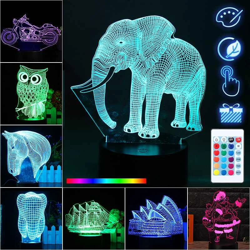 

16 Colors LED Night Light 3D Illusion Visual Lamp Touchs Switch Elephant Acrylic Table Bedroom Lamp Home Decor Novelty Lighting