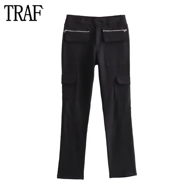 

TRAF 2023 Zip Cargo Pants for Women Black Mid Rise Woman Trousers Fashion Straight Pants Woman Streetwear Basic Women's Pants