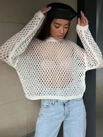 sunny y j y2k holes knitted crop top o neck full sleeve t shirts women smock crochet top retro summer vintage sexy retro tee new