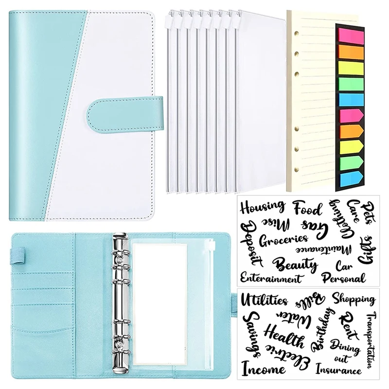 

A6 PU Notebook Binder Budget Planner Organizer Letter Sticker Cash Budget Label Pocket Loose Leaf Paper Neon Page