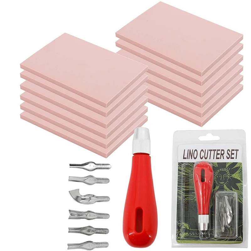 

12Pcs Rubber Carving Blocks Linoleum Block with Cutter Tools Stamp Making Kit Linoleum Cutter with 6 Types Blades