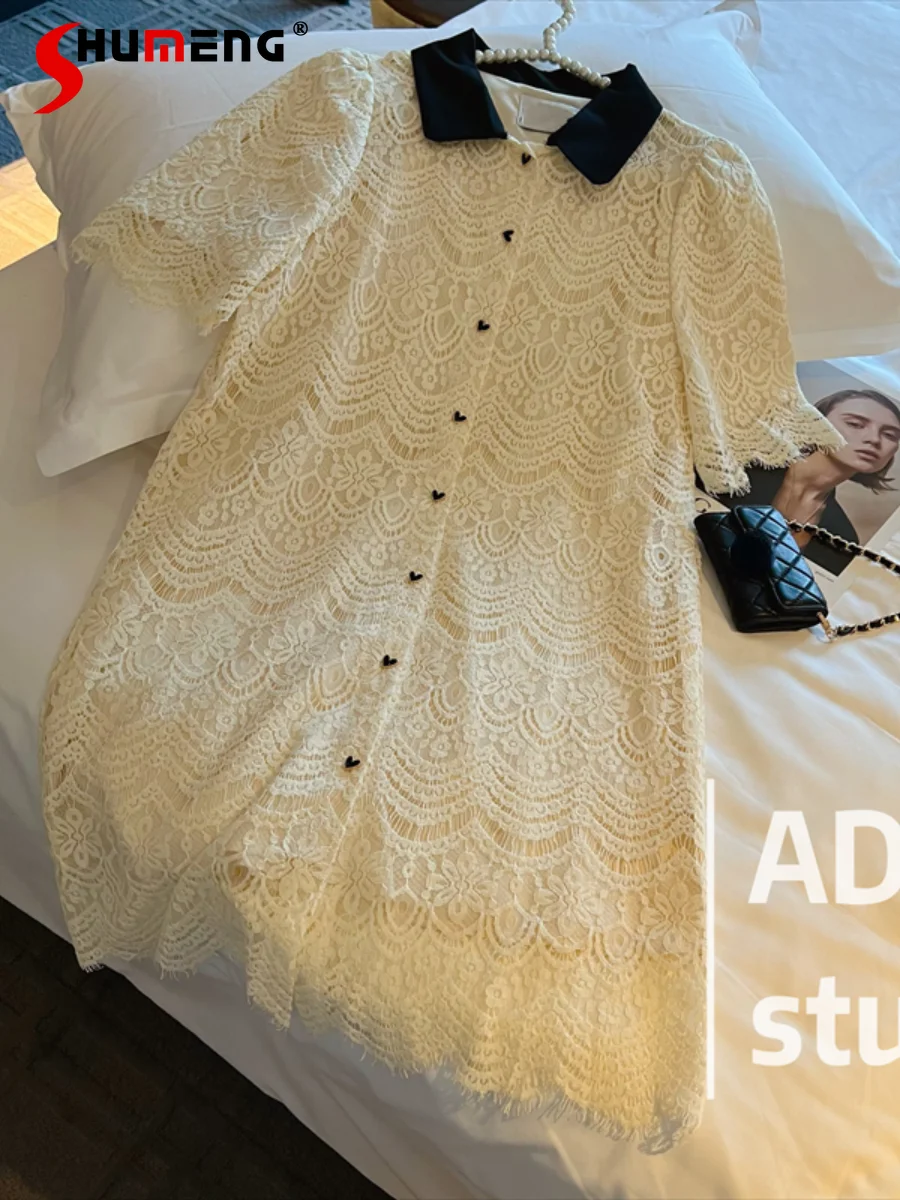 

Classic Style Fashion Elegant Short Sleeve Short Dress Women's 2022 Summer New Simple Solid Color Office Lady Lace Loose Dress