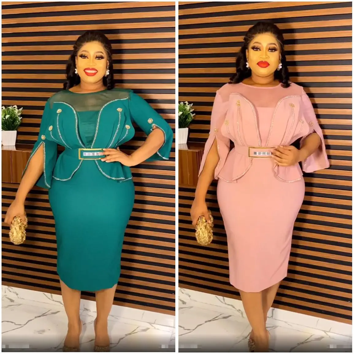 

Summer African 3/4 Sleeve Polyester White Black Green Knee-length Dress African Dresses African Wedding Party Dresses for Women