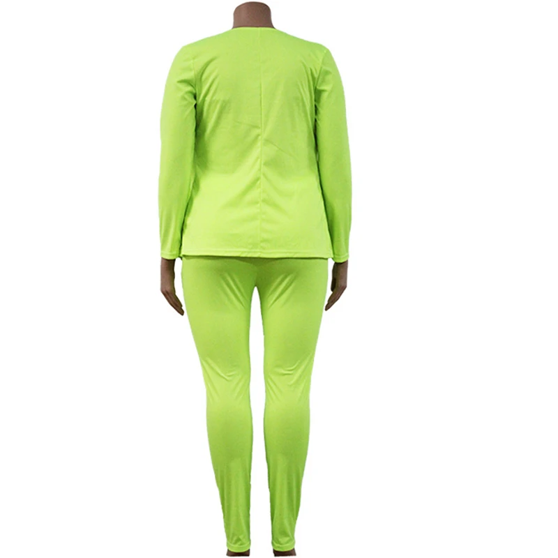 Plus Size Fluorescent Green Blazer Two Piece Set Women New Solid Colors V-Neck Casual Office Blazer Pants Suit with Elastic Band