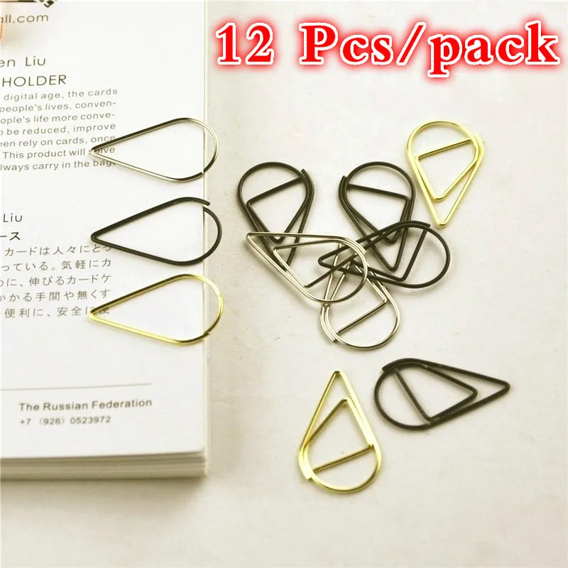 

12 Pcs/pack 6 Colors Brief Style Waterdrop Shaped Metal Paper Clip Bookmark Stationery School Office Supply
