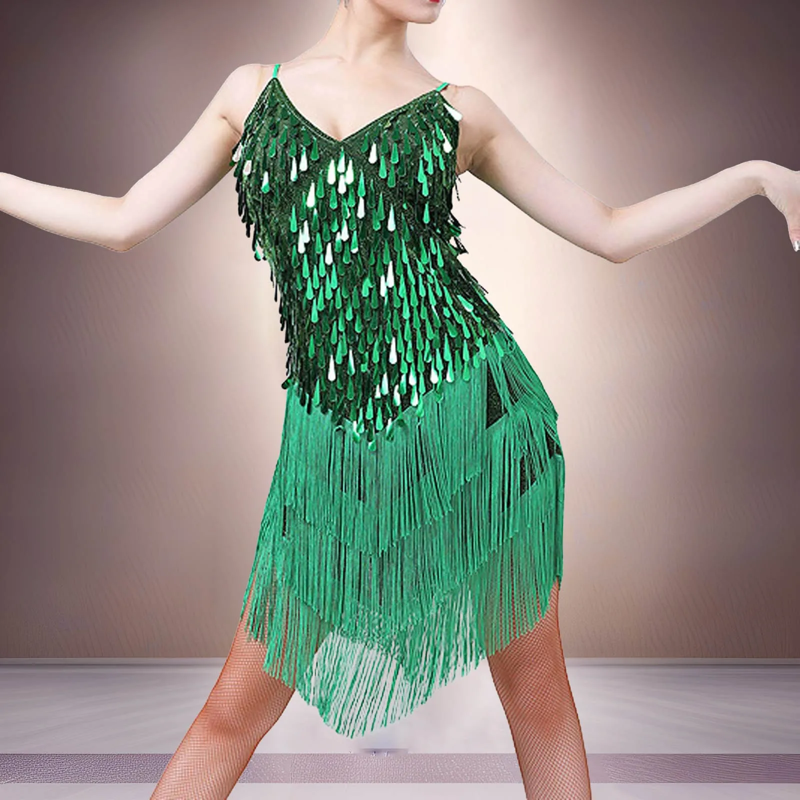 Платье для латинских танцев костюмы соревнований юбка с блестками и кисточками