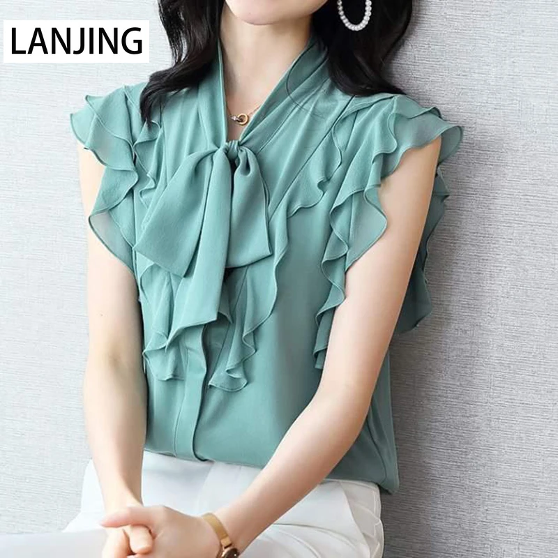 

V-neck chiffon shirt women's short-sleeved 2021 summer new loose shirt white shirt women's top inch plus size sexy blouse