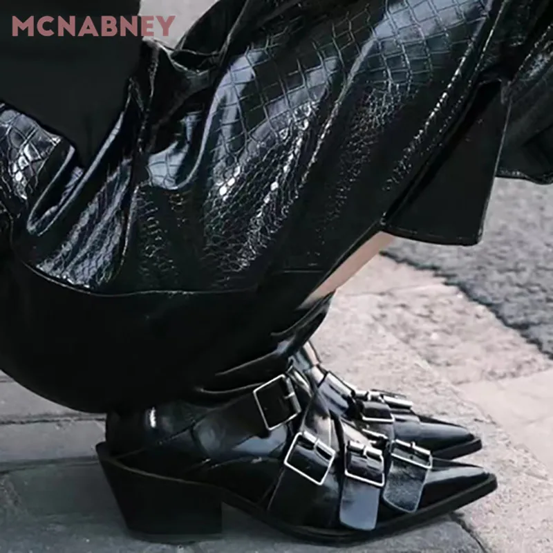 Black Cross Strap Belt Buckle Boots Pointed Toe Chunky Heel Back Zipper Ankle Boots Personality Handsome Casual Fashion Boots