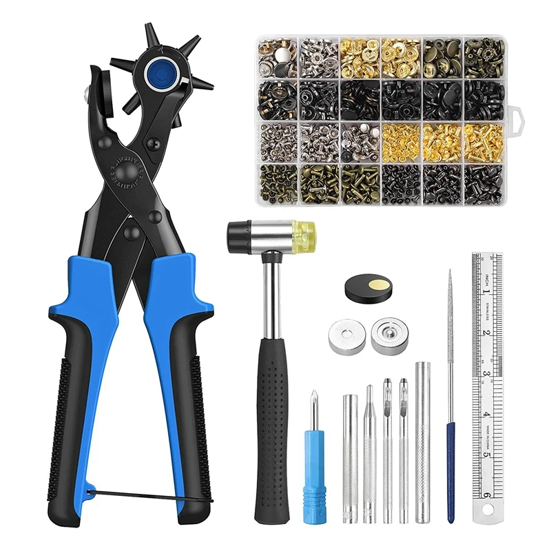 

New Belt Hole Puncher For Leather, 6 Sizes Revolving Hole Punch Pliers Set With Ruler, Grinding Rod, Plastic Hammer