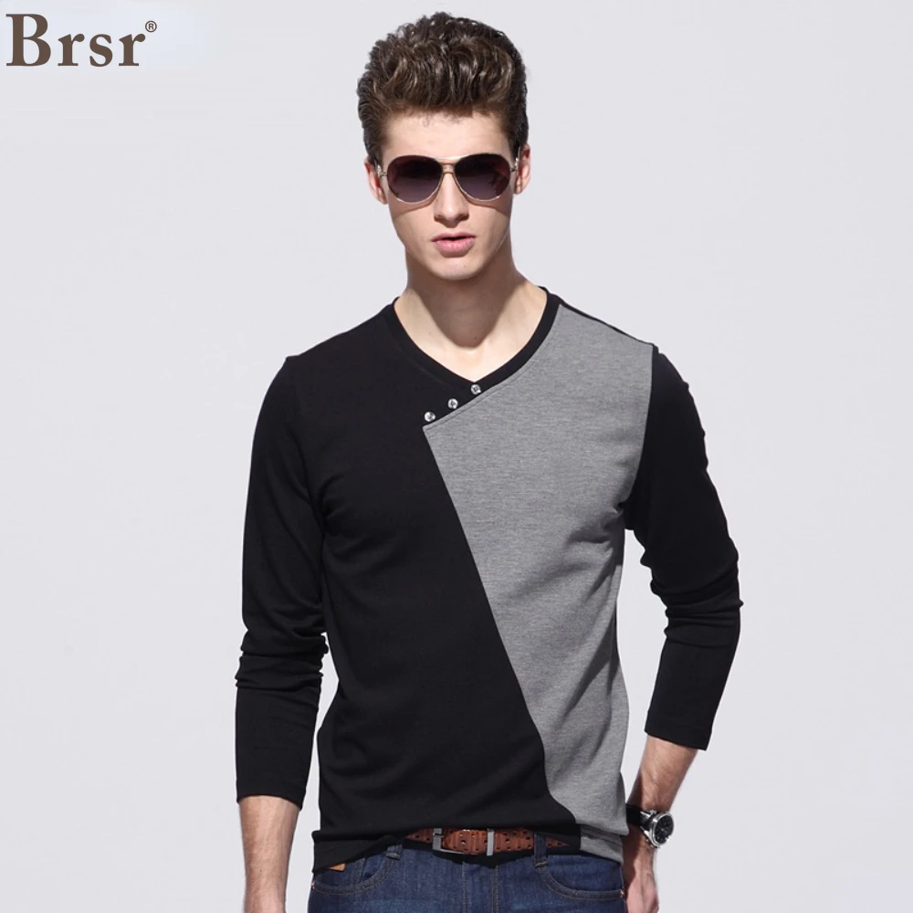 

Fashion Spring And Autumn Men Long Sleeved T Shirts Male Tees Causal V Neck Oatchwork Hombre Camisa Masculina Oversized T-shirt