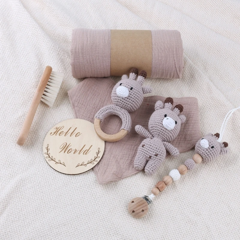 Set Pacifier Clip Crochet Toy Rattle Teether Blanket Bib Hairbrush Set Newborn Teething Gift 7pcs