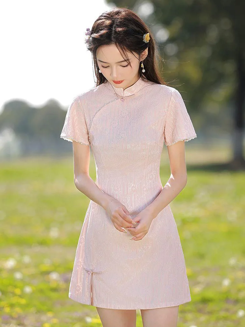 Новинка 2024 женское розовое винтажное короткое платье Cheongsam платья с короткими