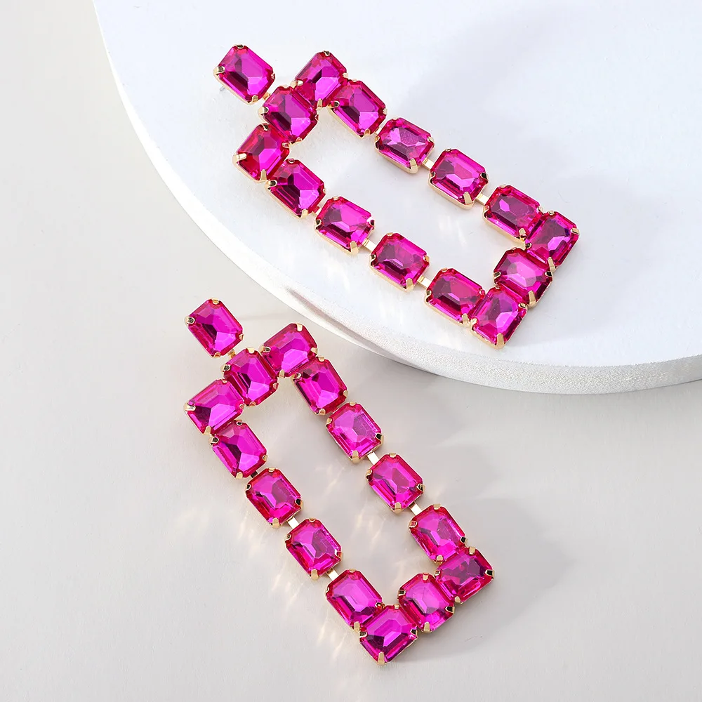 

Big Shiny Rectangle Fuchsia Crystals Long Dangle Drop Earrings For Women Girl Luxury Brincos Jewelry