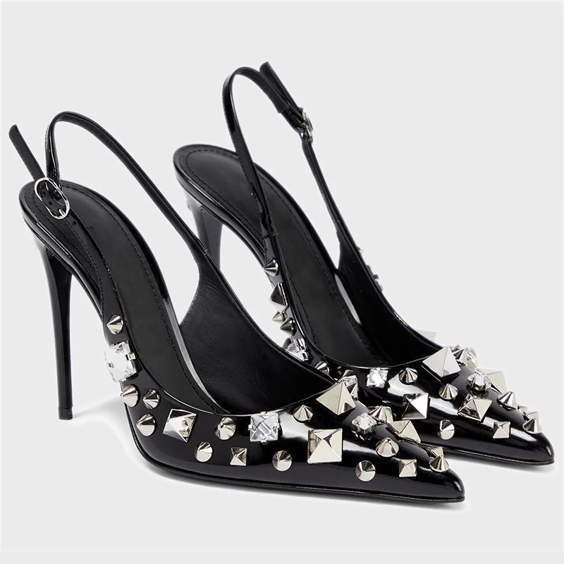 

2023 New Sexy Rivet Pointed High Heels Rhinestone Baotou Back Empty High-heeled Sandals Female Personality Banquet