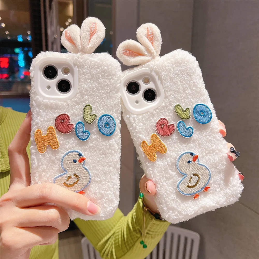 

For iPhone 13 11 12 Pro Max XS X XR Back Cover Fashion Duck Pattern Camera Lens Protection Warm Fur Shockproof Plush Phone Case