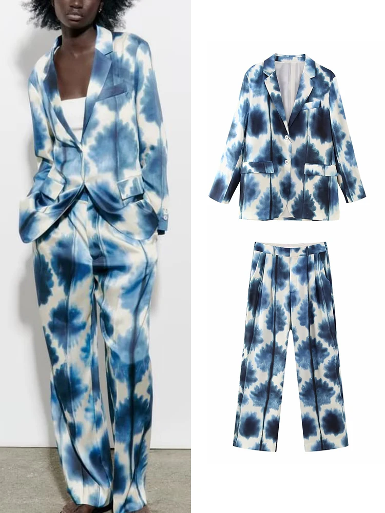 TRAF Women Spring Summer Tie-Dyed Thin Blazer Suits Sets 2023  Silk Soft Long Sleeve OL Jacket Wide Leg Print  Pants Sets