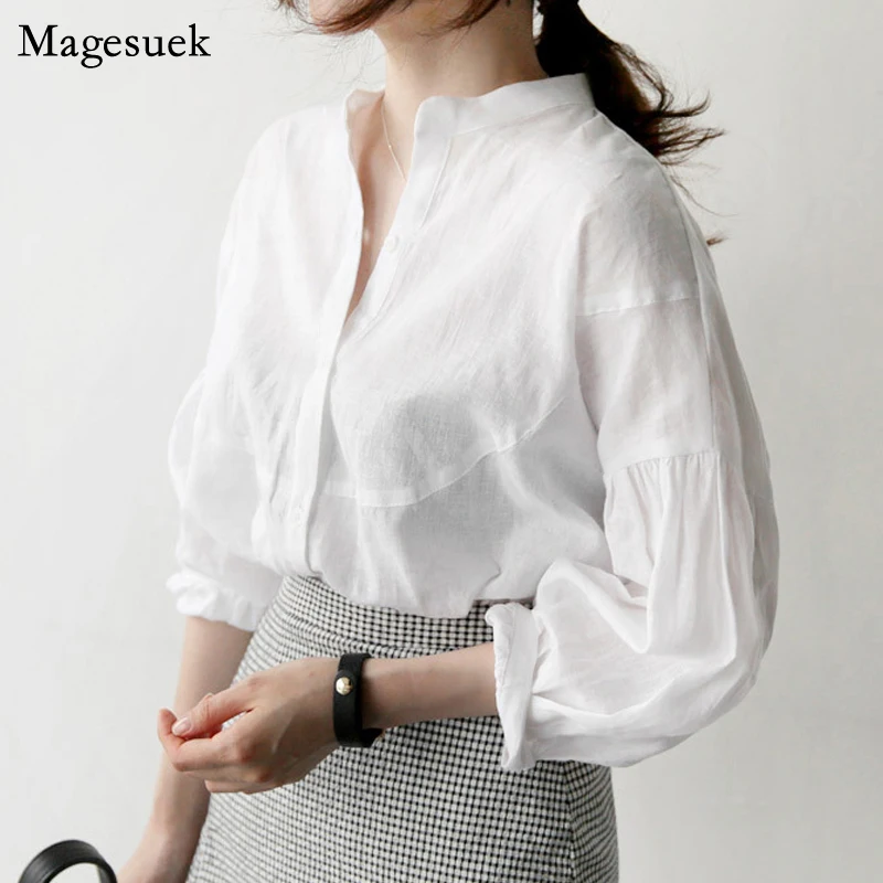 

Новые повседневные Модные Простые хлопковые льняные женские рубашки Винтажные белые женские блузки Топы с длинным рукавом женская одежда 533