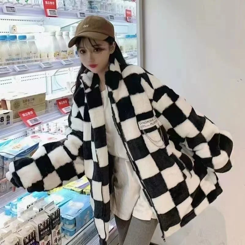 2022 Autumn And Winter New Black And White Checkerboard Warm Imitation Fur Cotton Coat Women Loose Thickening