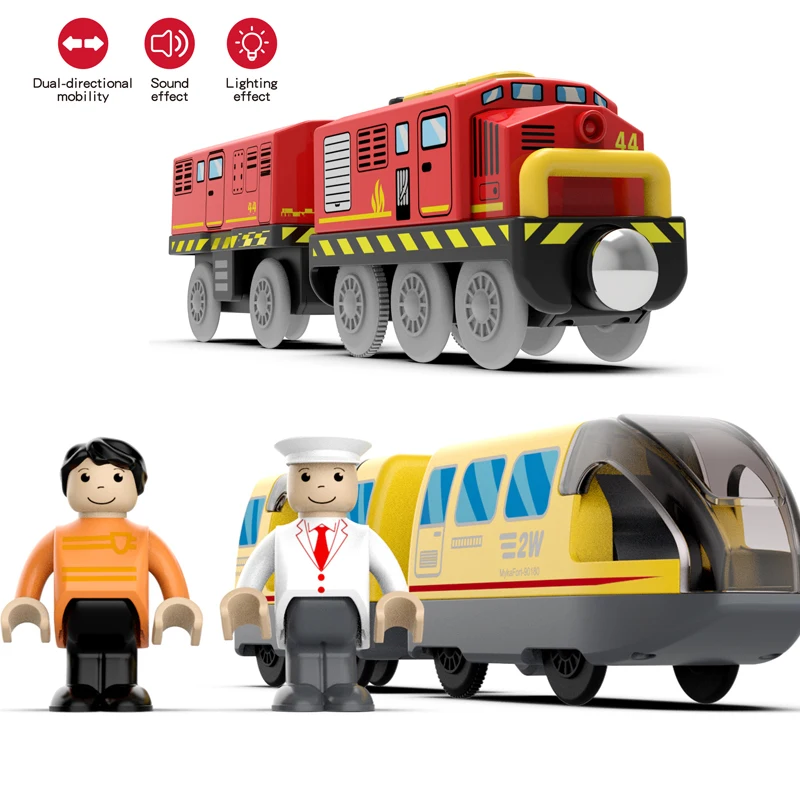 

Kid Magnetic Electric Train Car Locomotive Wooden Track Slot Diecast Railway with Two Carriages Train Wood Toy Biro Leduo Track