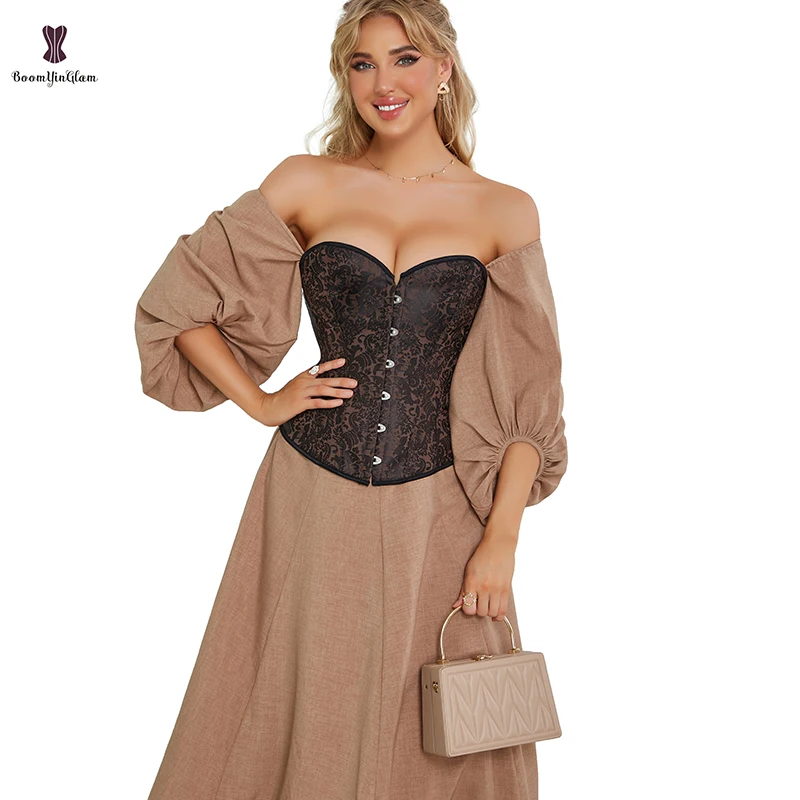 Front 36CM Back 22CM Womens Halloween Costume Steampunk Clothing Dark Brown Jacquard Brocade Bustier Corset Plus Size