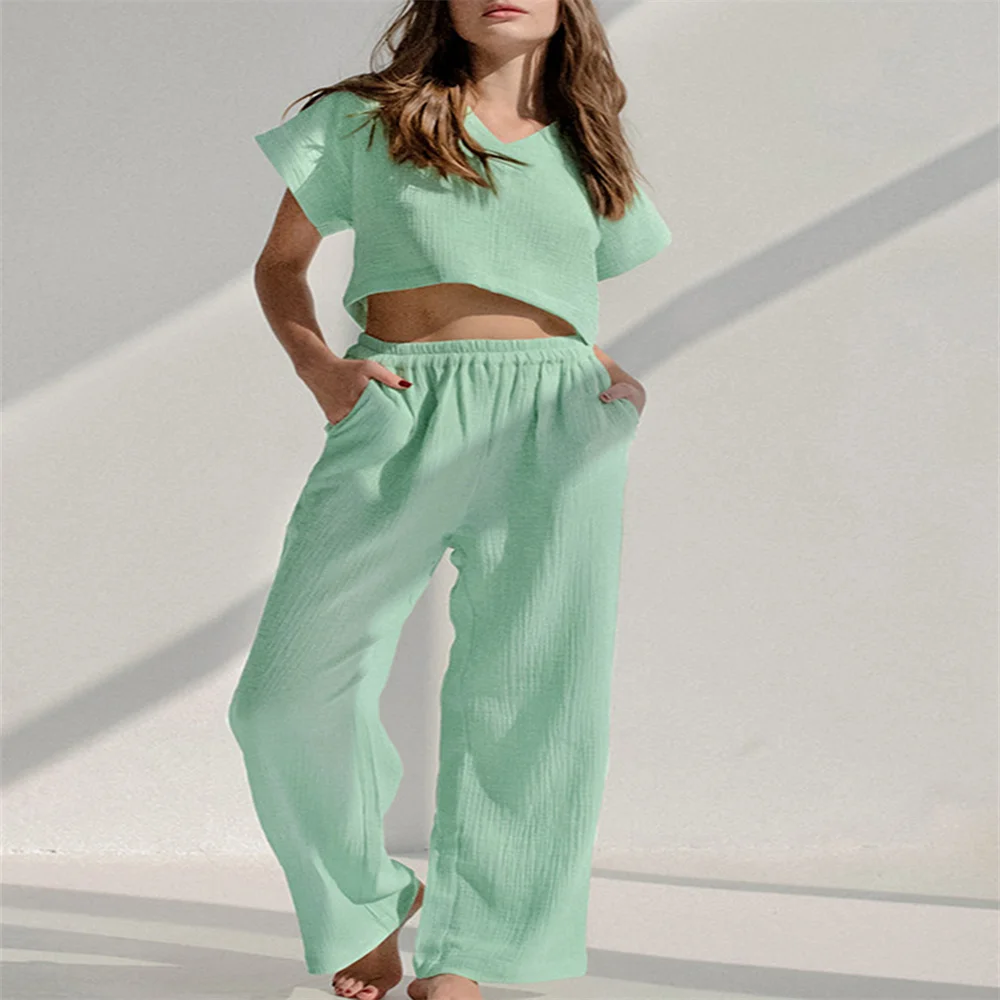 

Women 2PCS Pajamas Set Solid Color Loose Short Sleeve Tops and Elastic Pants Soft Sleepwear for Nightwear Loungewea